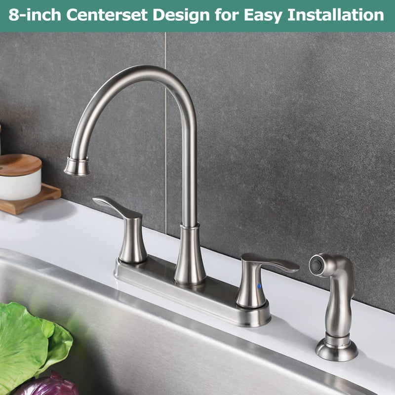 PARLOS 8 Inch Two Handles High Arch Kitchen Sink Faucet with Side Sprayer & Supply Lines, Brushed Nickel, Demeter 14138 - Image 4